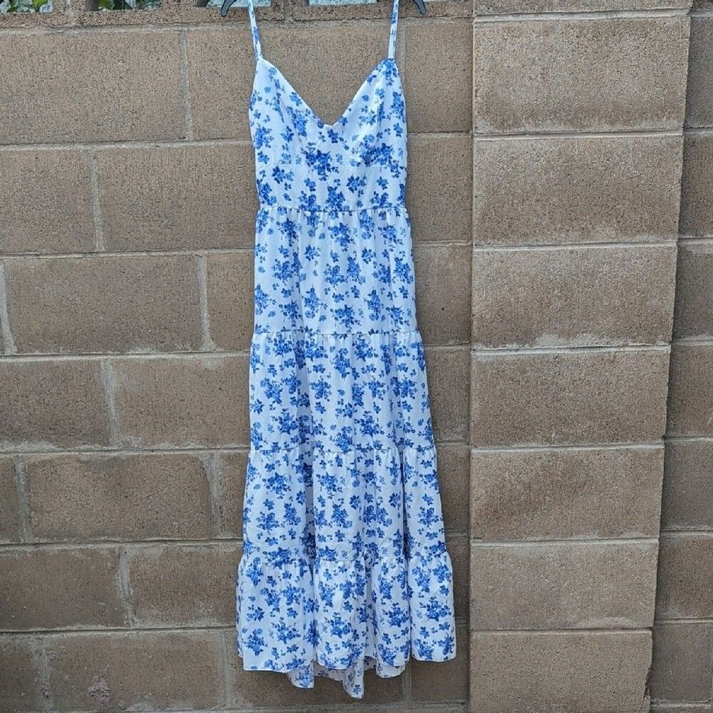 Blue Floral Spaghetti-Strap Maxi Dress, Open Back, Medium Size - Picture 2 of 10